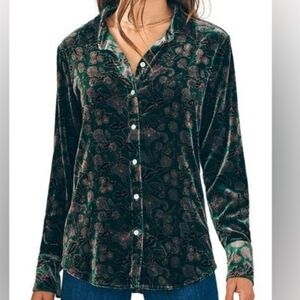 FAHERTY Genevieve Shirt Green Floral Velvet Button Up Cottagecore
